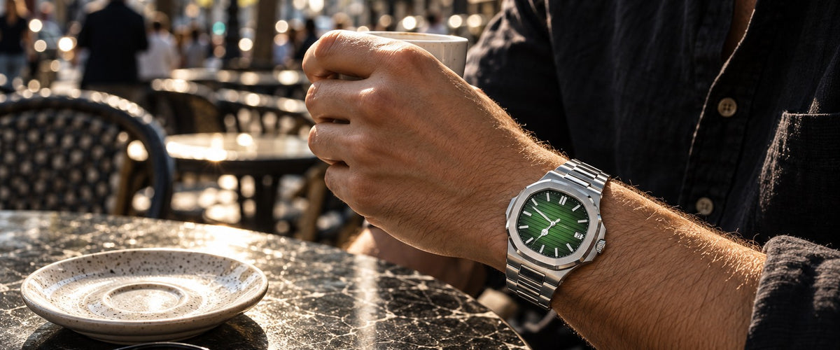 Norentime Nautilus watch with green dial on a man's wrist at a café table