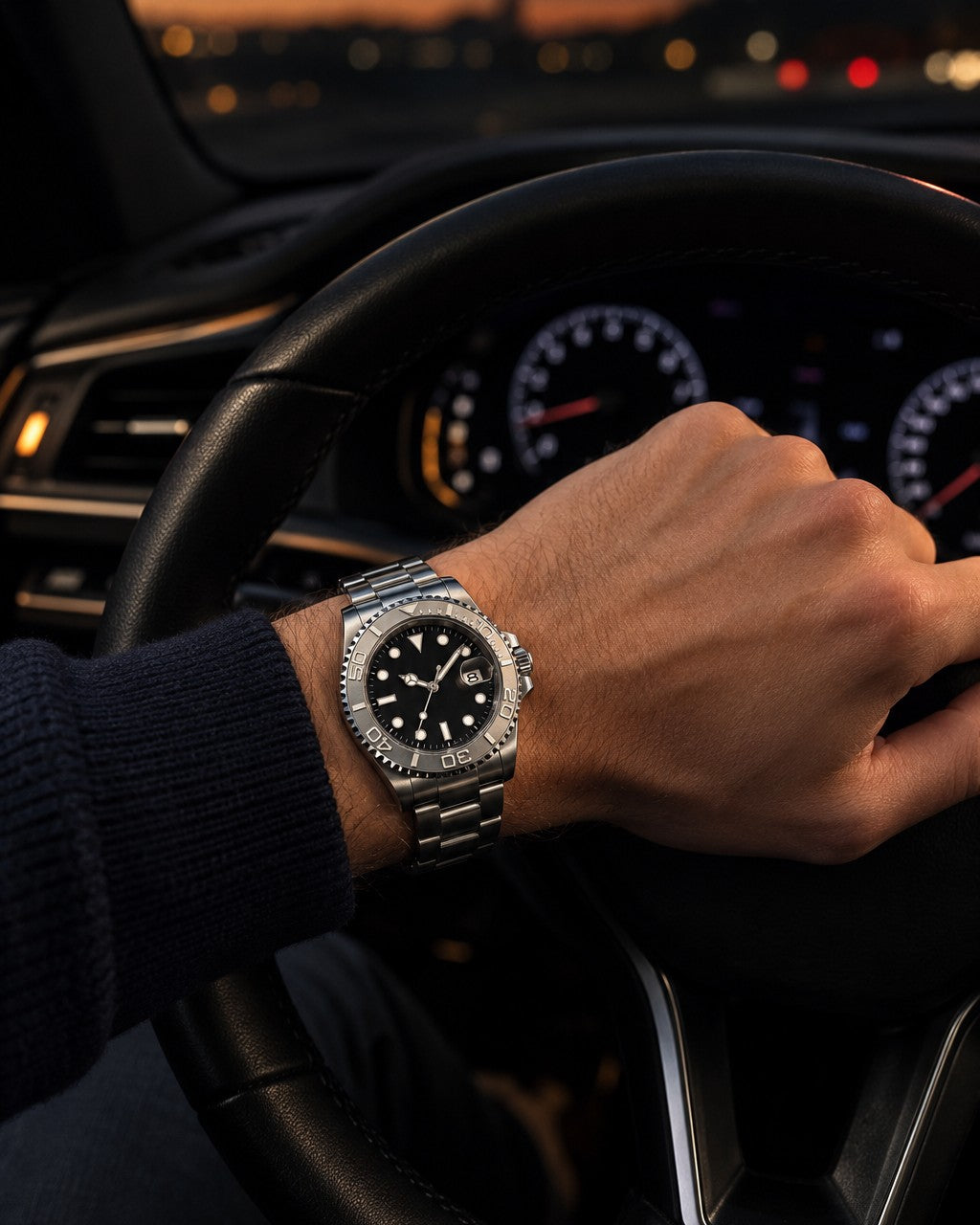 Norentime Mariner dive watch on a man's wrist at the steering wheel
