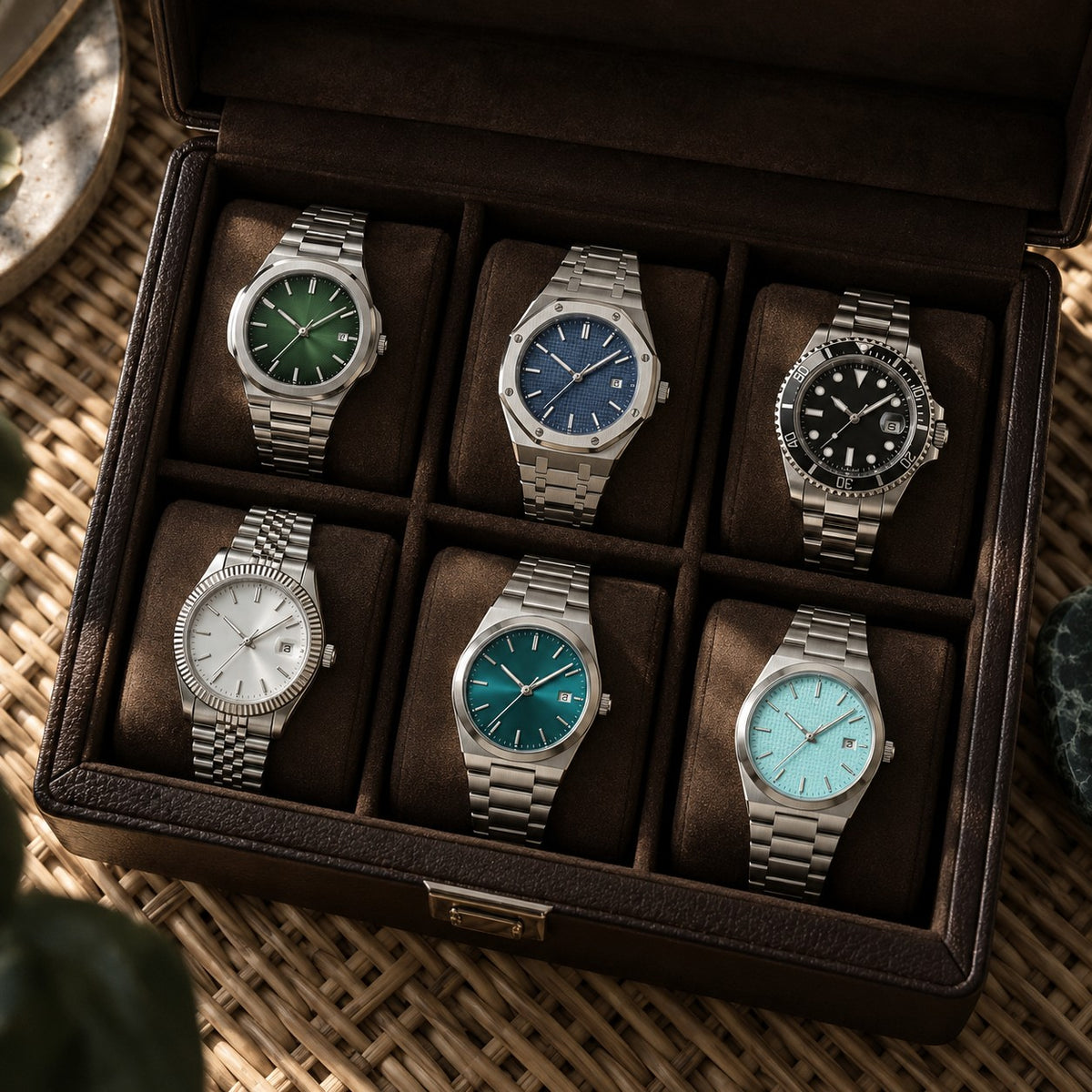 Six Noren Time watches in an open leather watch box
