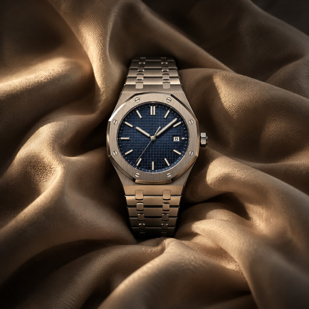 Norentime Heritage watch with blue dial on draped beige silk